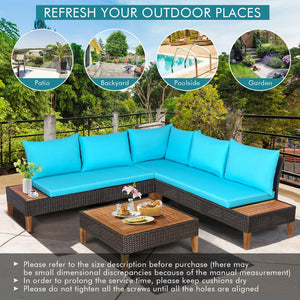 4 Pieces Patio Cushioned Rattan Furniture Set with Wooden Side Table-Turquoise view 3