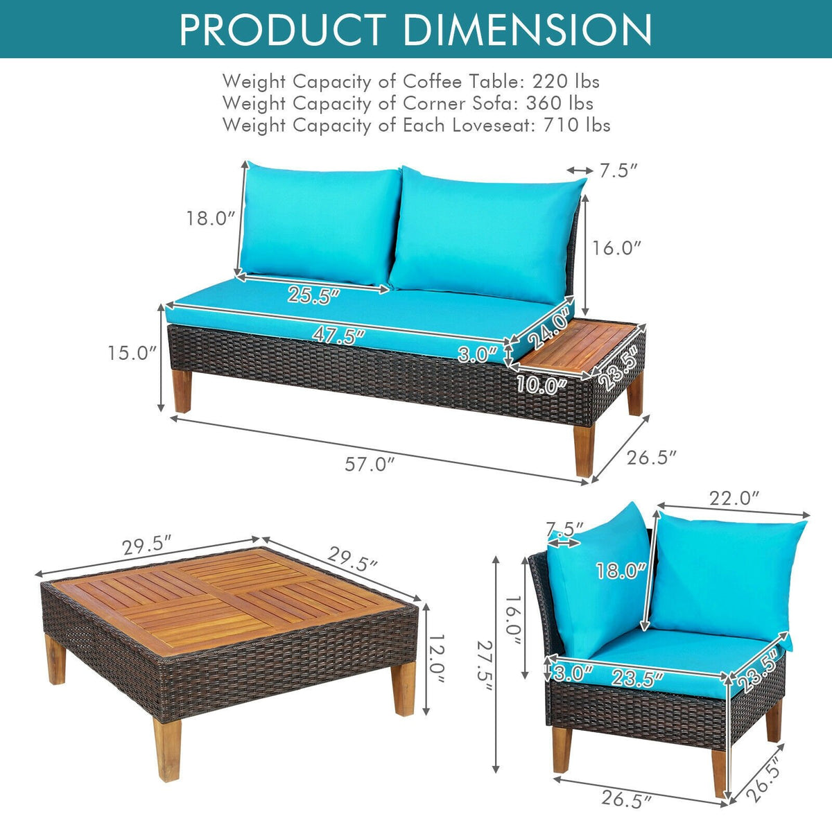 4 Pieces Patio Cushioned Rattan Furniture Set with Wooden Side Table-Turquoise view 4