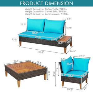 4 Pieces Patio Cushioned Rattan Furniture Set with Wooden Side Table-Turquoise view 4