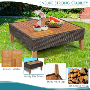 4 Pieces Patio Cushioned Rattan Furniture Set with Wooden Side Table-Turquoise view 5