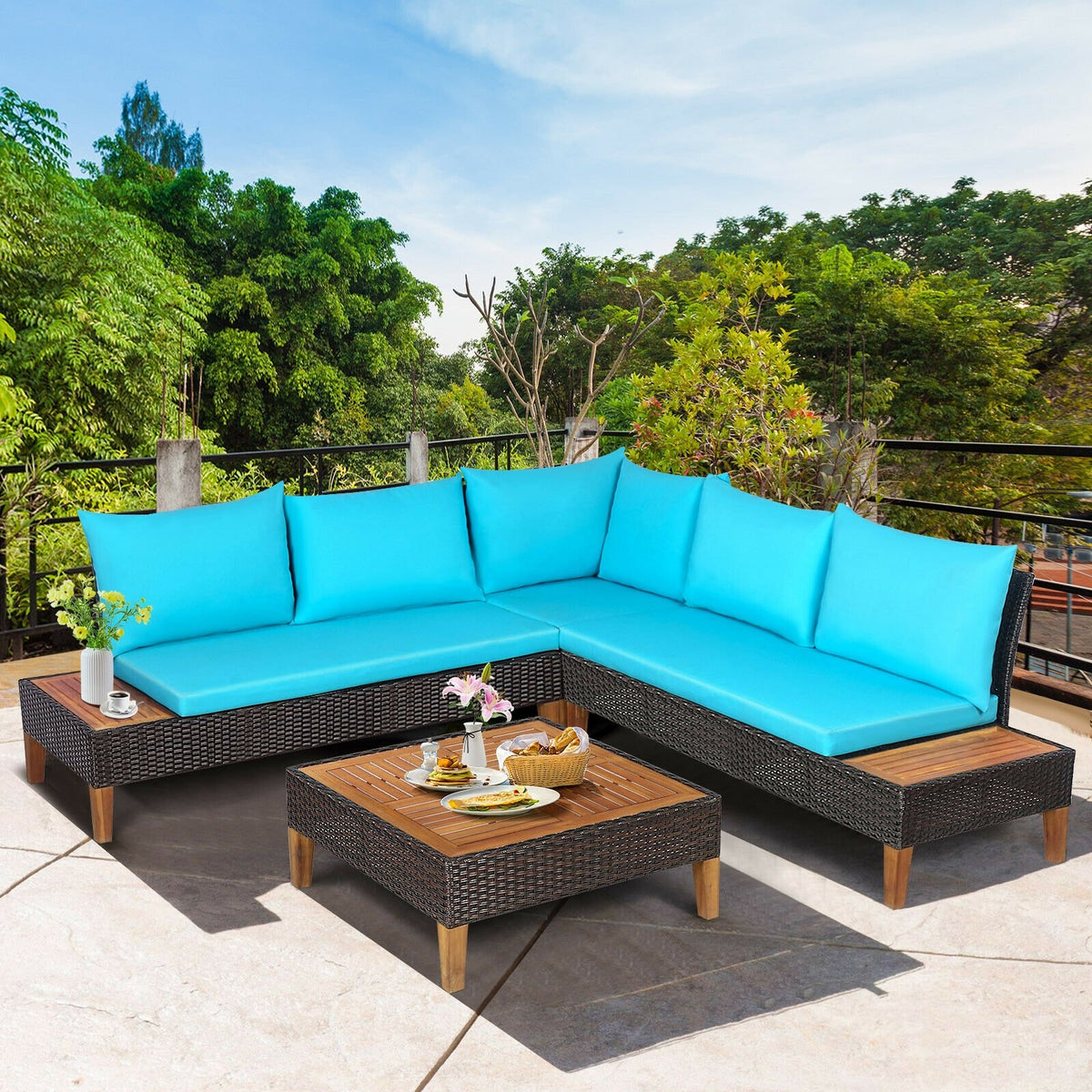 4 Pieces Patio Cushioned Rattan Furniture Set with Wooden Side Table-Turquoise view 6