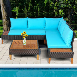 4 Pieces Patio Cushioned Rattan Furniture Set with Wooden Side Table-Turquoise view 7