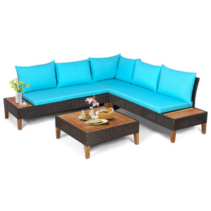 4 Pieces Patio Cushioned Rattan Furniture Set with Wooden Side Table-Turquoise view 8