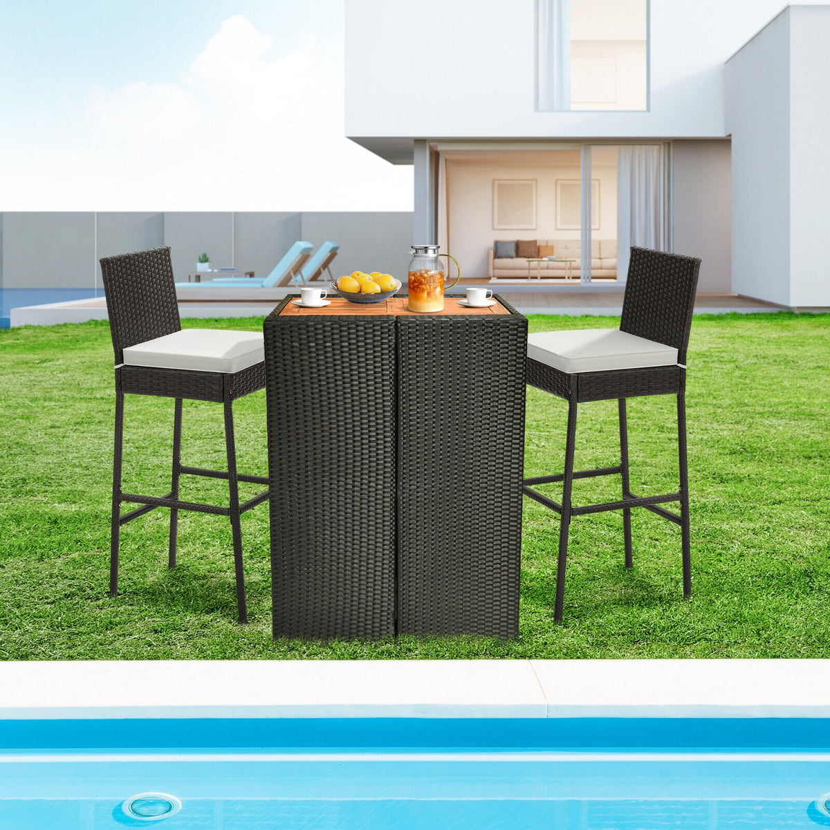 2 Pieces Patio Cushioned Wicker Barstools with Cozy Footrest-Set of 2 view 2