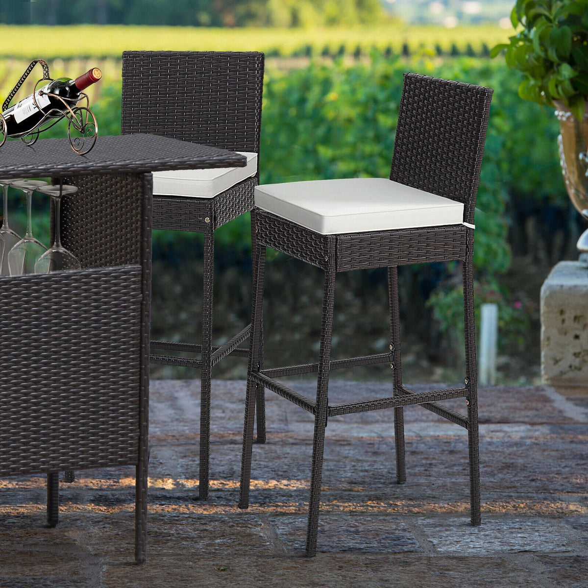 2 Pieces Patio Cushioned Wicker Barstools with Cozy Footrest-Set of 2 view 5