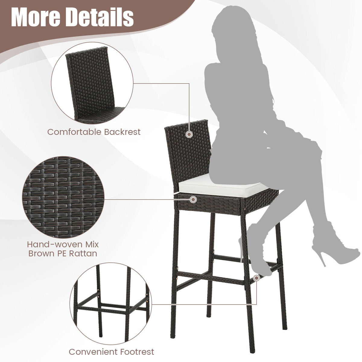 2 Pieces Patio Cushioned Wicker Barstools with Cozy Footrest-Set of 2 view 9