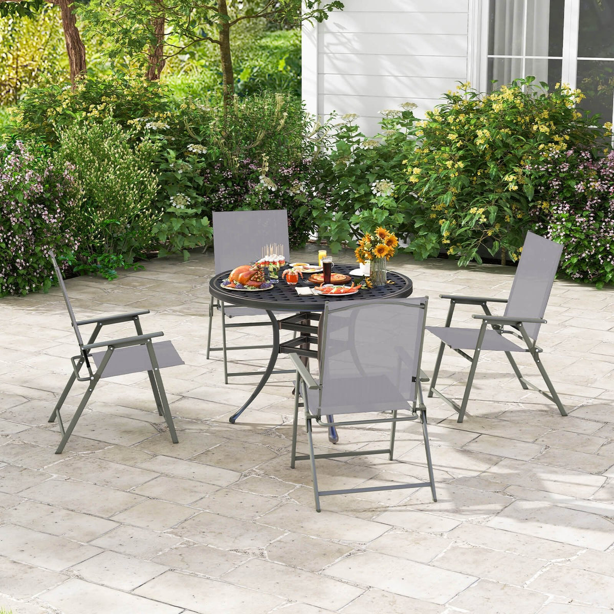 Set of 4 Patio Folding Chair Set with Rustproof Metal Frame-Gray view 3