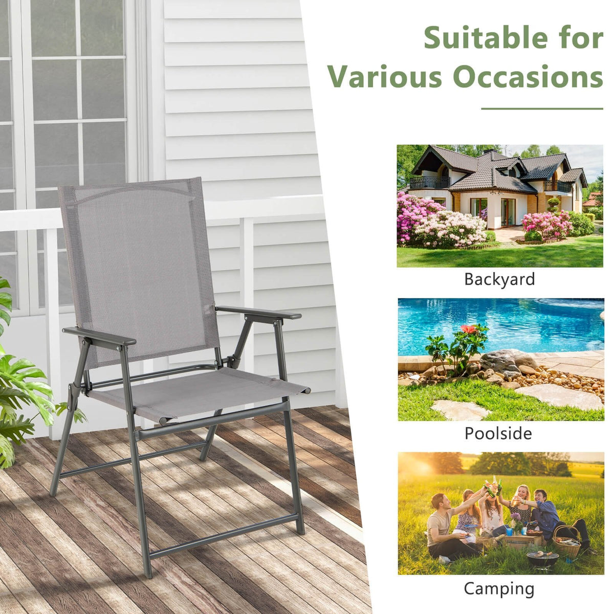 Set of 4 Patio Folding Chair Set with Rustproof Metal Frame-Gray view 7