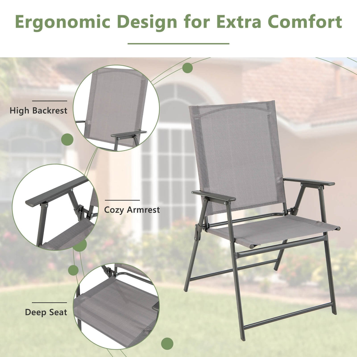 Set of 4 Patio Folding Chair Set with Rustproof Metal Frame-Gray view 8