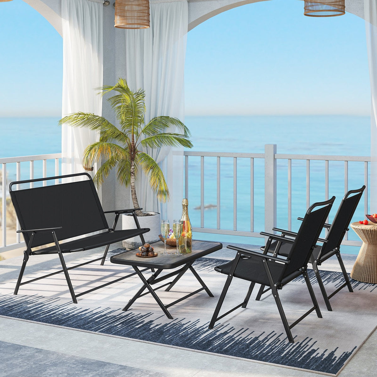 4 Pieces Patio Folding Furniture Set with SPC Coffee Table and Patio Chairs-Black view 2