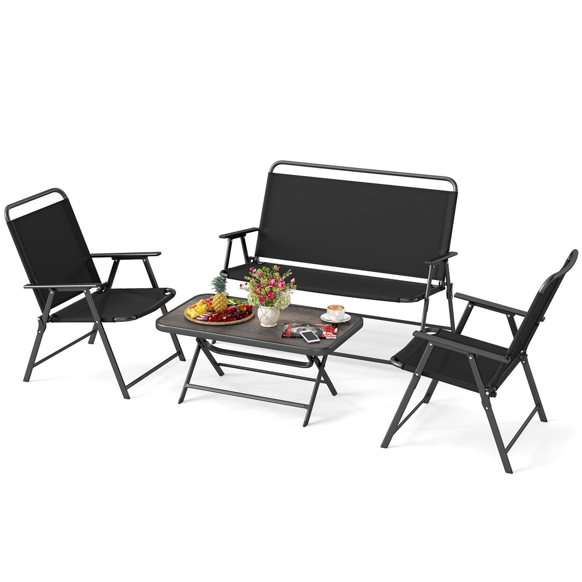4 Pieces Patio Folding Furniture Set with SPC Coffee Table and Patio Chairs-Black view 3