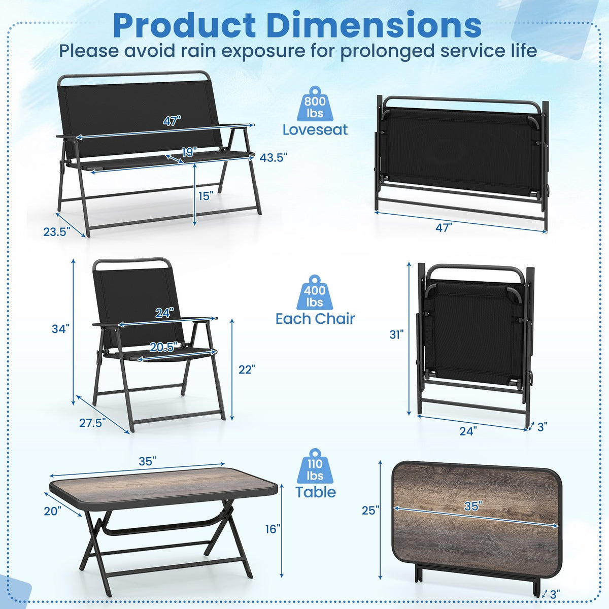 4 Pieces Patio Folding Furniture Set with SPC Coffee Table and Patio Chairs-Black view 4