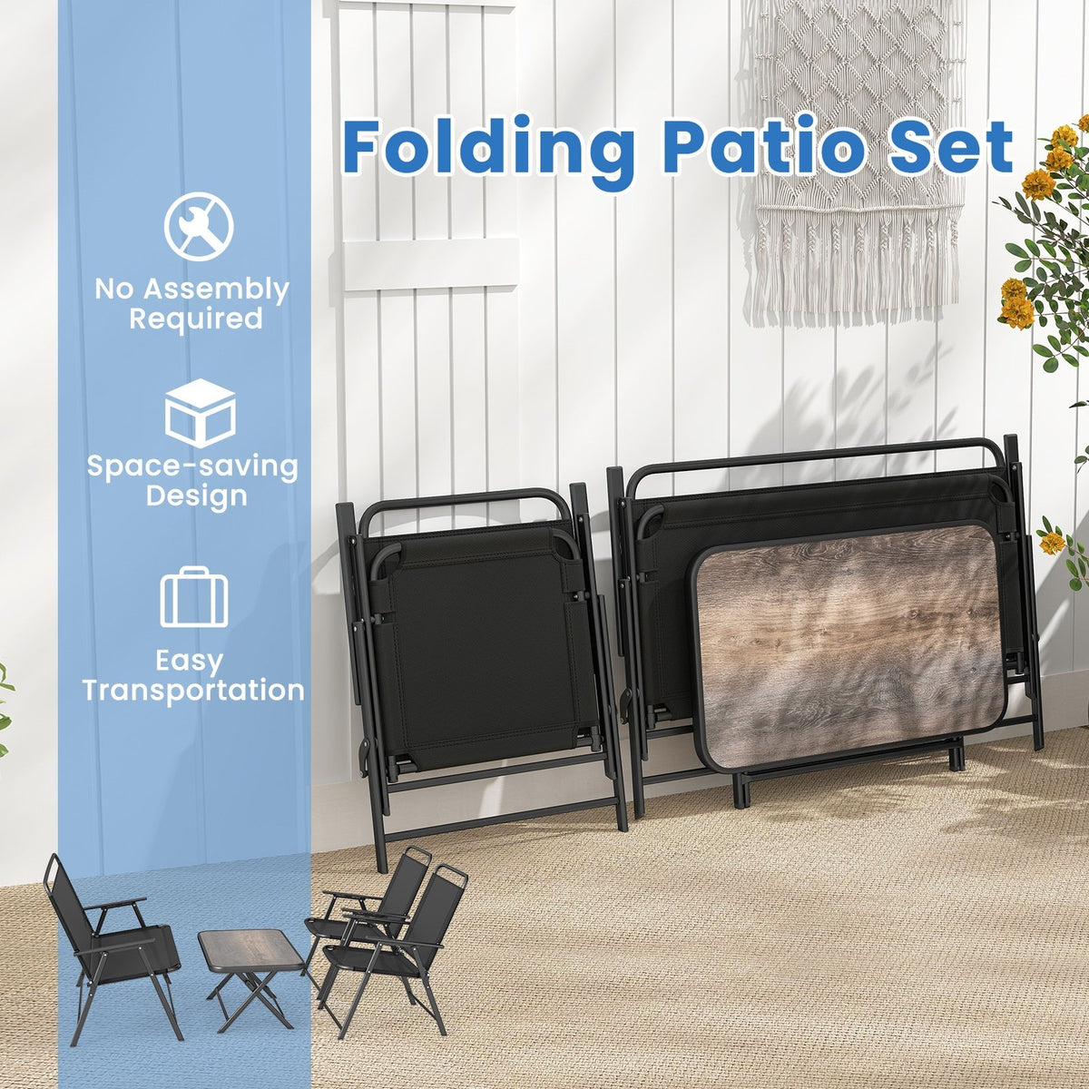 4 Pieces Patio Folding Furniture Set with SPC Coffee Table and Patio Chairs-Black view 5