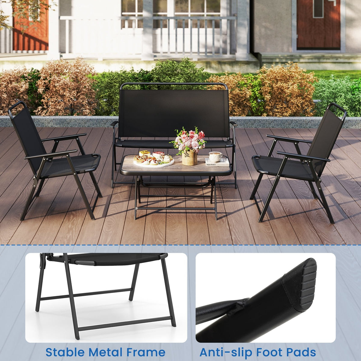 4 Pieces Patio Folding Furniture Set with SPC Coffee Table and Patio Chairs-Black view 9