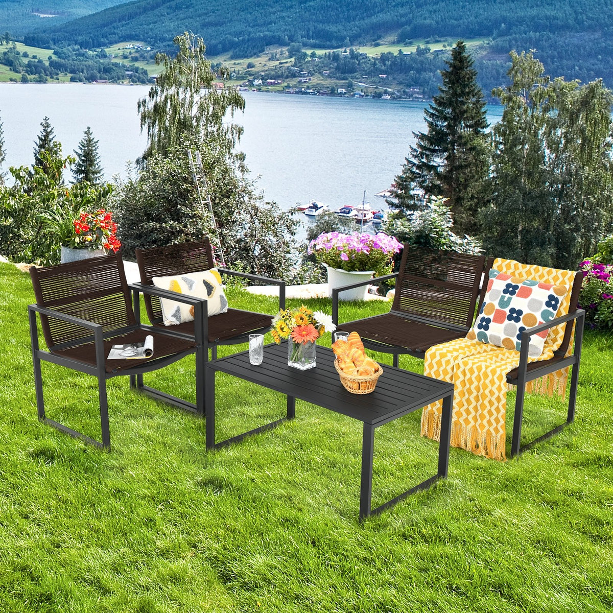 4 Pieces Patio Furniture Conversation Set with Sofa Loveseat view 3