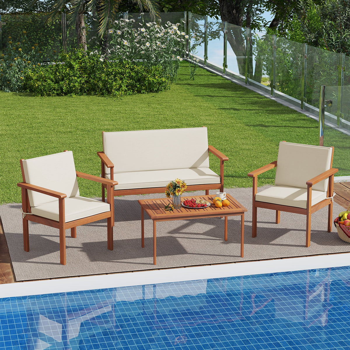 4 Pieces Patio Furniture Set Acacia Wood Porch Chairs with Table-White view 2
