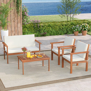 4 Pieces Patio Furniture Set Acacia Wood Porch Chairs with Table-White view 3