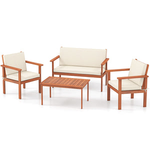 4 Pieces Patio Furniture Set Acacia Wood Porch Chairs with Table-White view 4