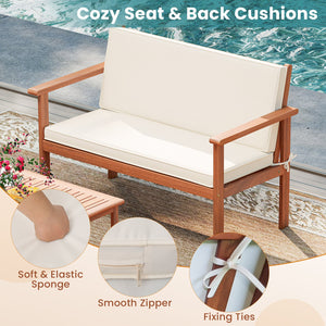 4 Pieces Patio Furniture Set Acacia Wood Porch Chairs with Table-White view 6
