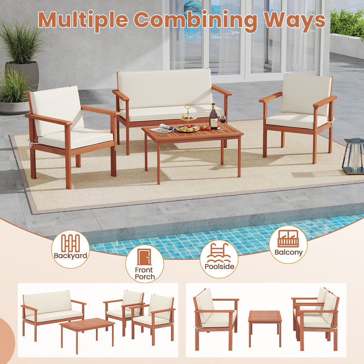 4 Pieces Patio Furniture Set Acacia Wood Porch Chairs with Table-White view 8