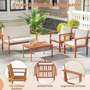 4 Pieces Patio Furniture Set Acacia Wood Porch Chairs with Table-White view 9