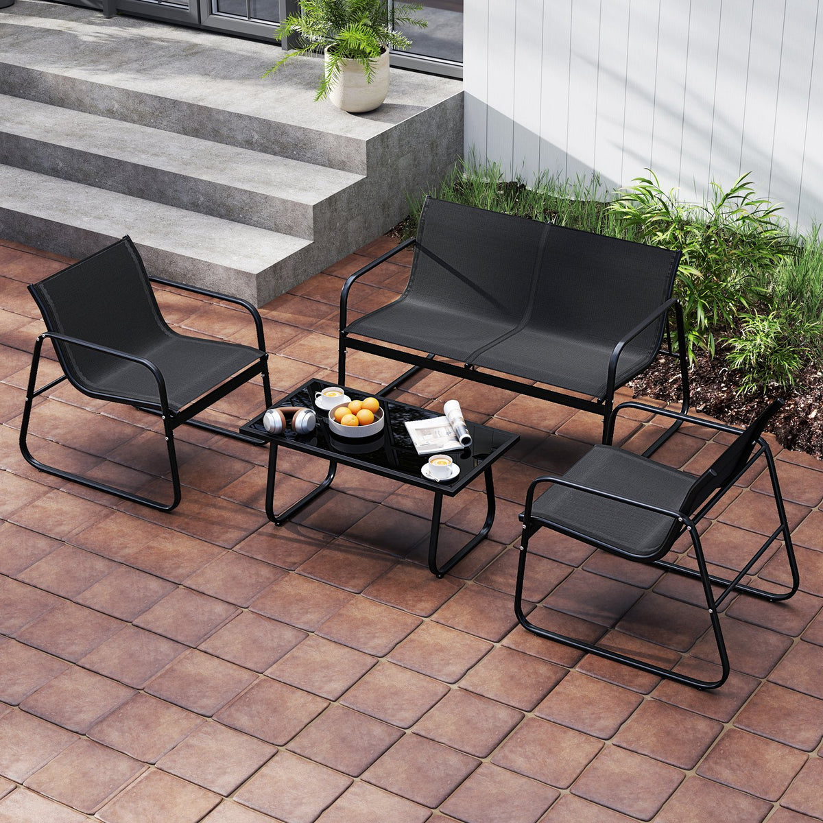 4 Pieces Patio Furniture Set Fabric Lawn Chairs and Loveseat with Glass Coffee Table view 2