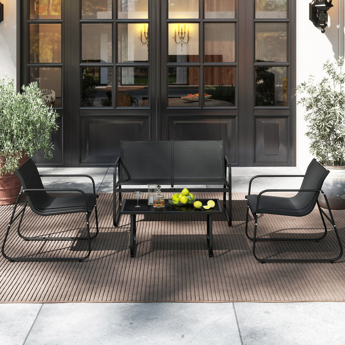 4 Pieces Patio Furniture Set Fabric Lawn Chairs and Loveseat with Glass Coffee Table view 3