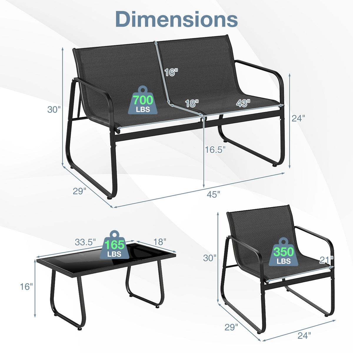 4 Pieces Patio Furniture Set Fabric Lawn Chairs and Loveseat with Glass Coffee Table view 5