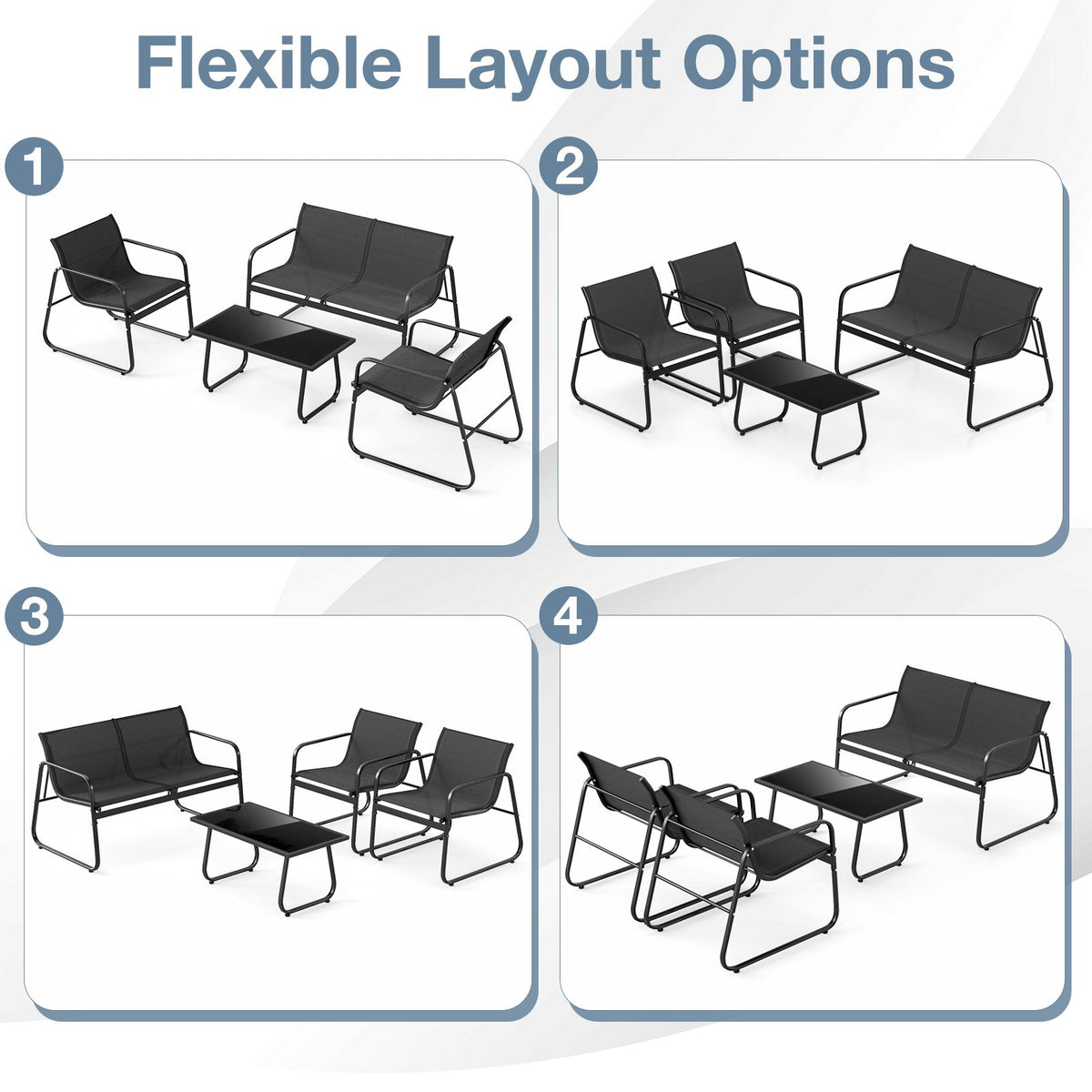 4 Pieces Patio Furniture Set Fabric Lawn Chairs and Loveseat with Glass Coffee Table view 6