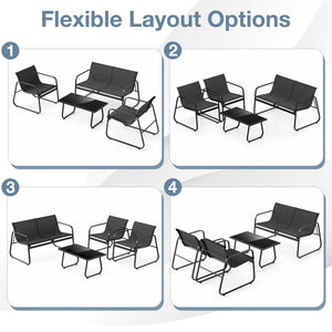 4 Pieces Patio Furniture Set Fabric Lawn Chairs and Loveseat with Glass Coffee Table view 6