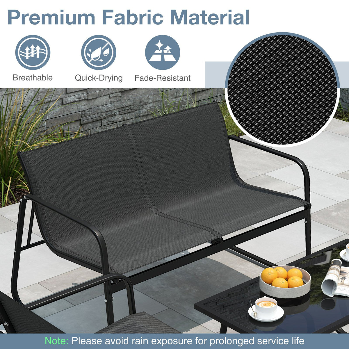 4 Pieces Patio Furniture Set Fabric Lawn Chairs and Loveseat with Glass Coffee Table view 8