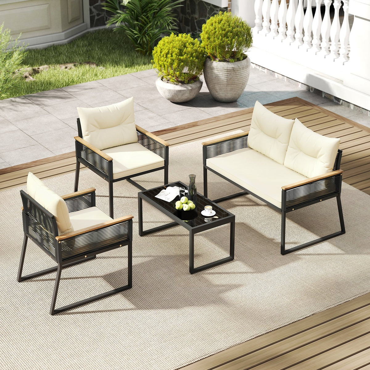 4 Pieces Patio Furniture Set Outdoor Conversation Set with Tempered Glass Coffee Table-Black view 2
