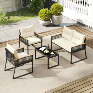 4 Pieces Patio Furniture Set Outdoor Conversation Set with Tempered Glass Coffee Table-Black view 2