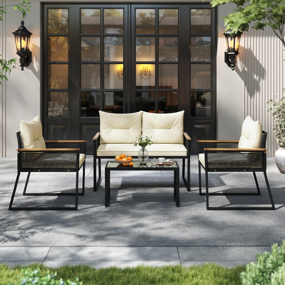 4 Pieces Patio Furniture Set Outdoor Conversation Set with Tempered Glass Coffee Table-Black view 3