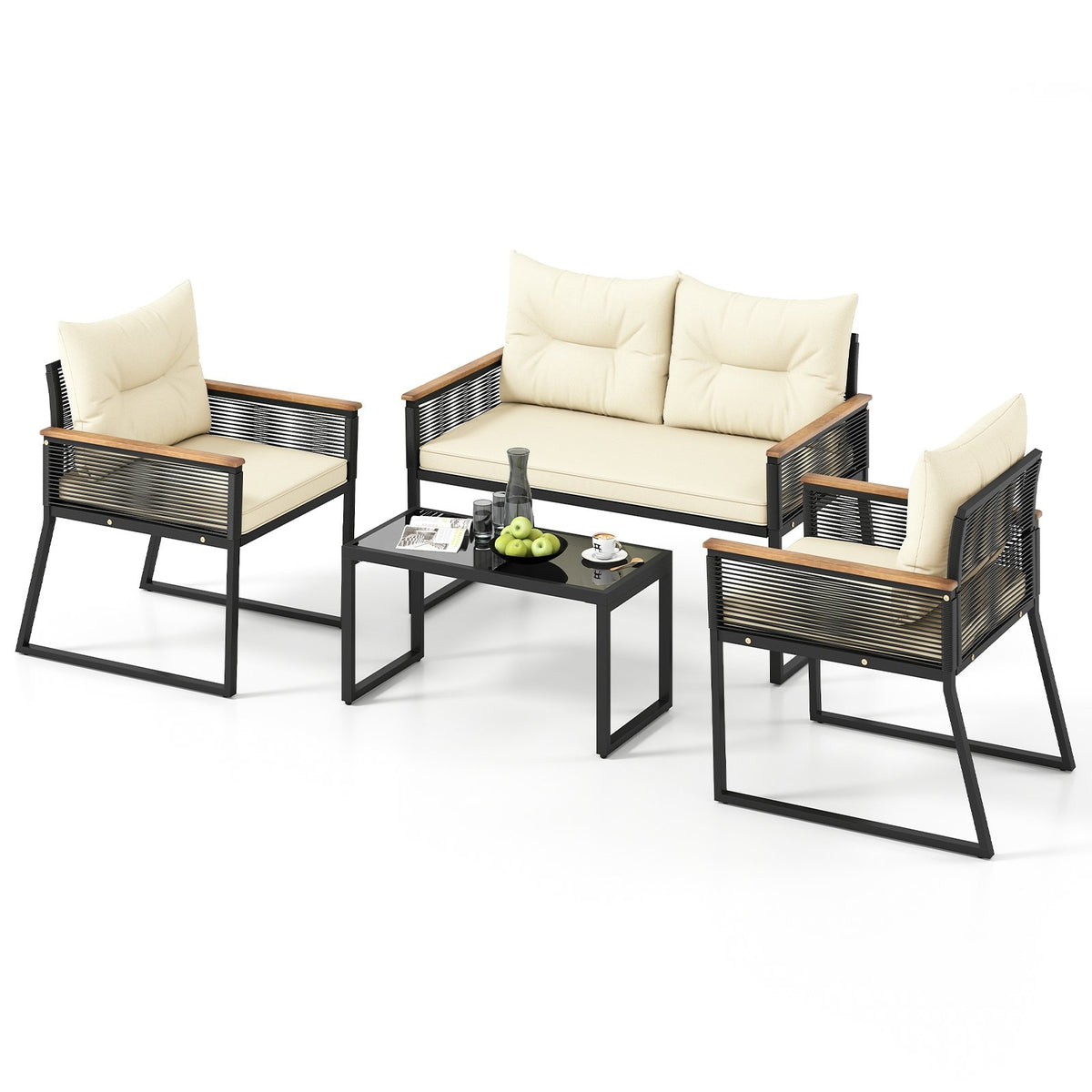 4 Pieces Patio Furniture Set Outdoor Conversation Set with Tempered Glass Coffee Table-Black view 4