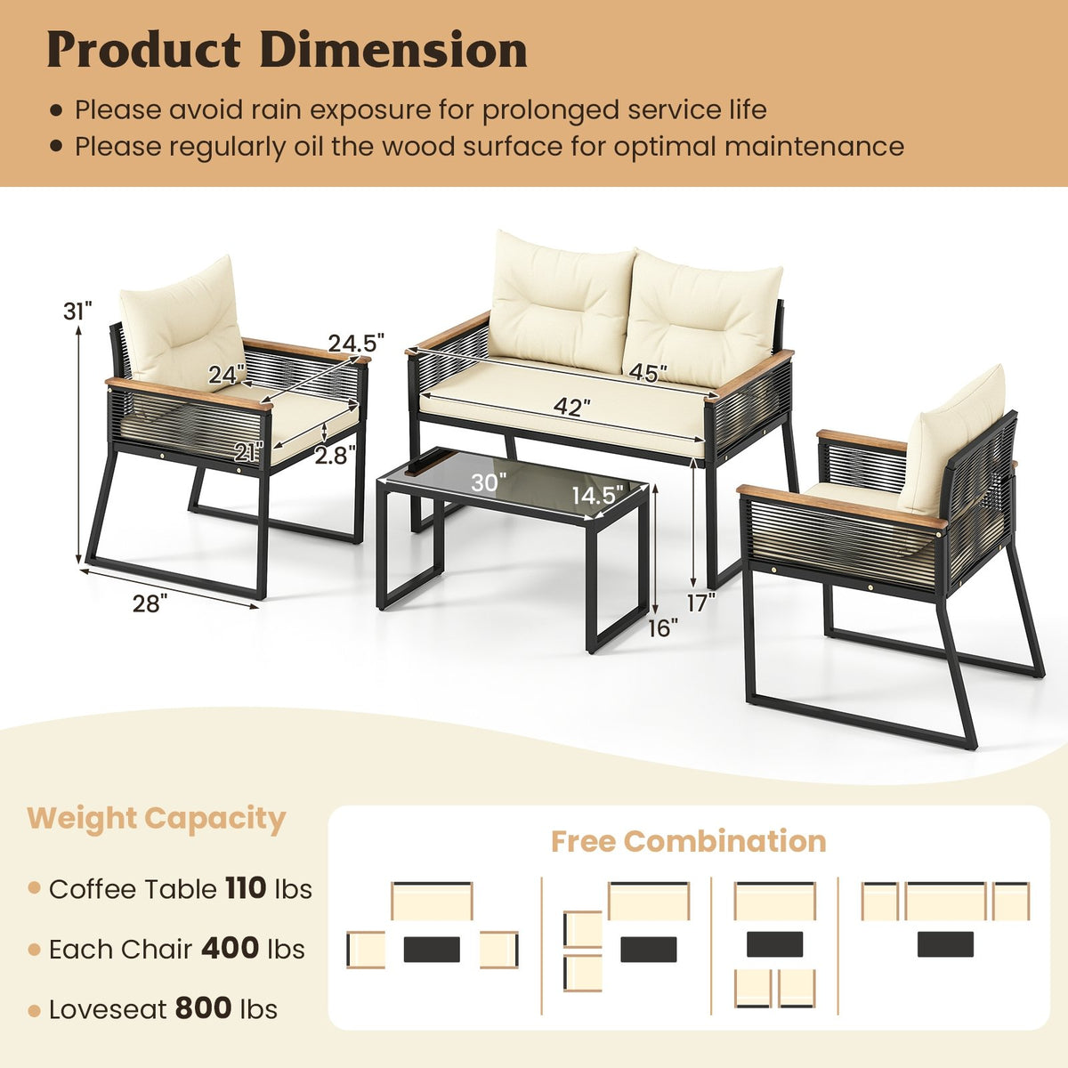 4 Pieces Patio Furniture Set Outdoor Conversation Set with Tempered Glass Coffee Table-Black view 5