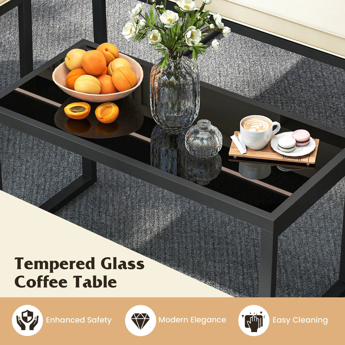 4 Pieces Patio Furniture Set Outdoor Conversation Set with Tempered Glass Coffee Table-Black view 7