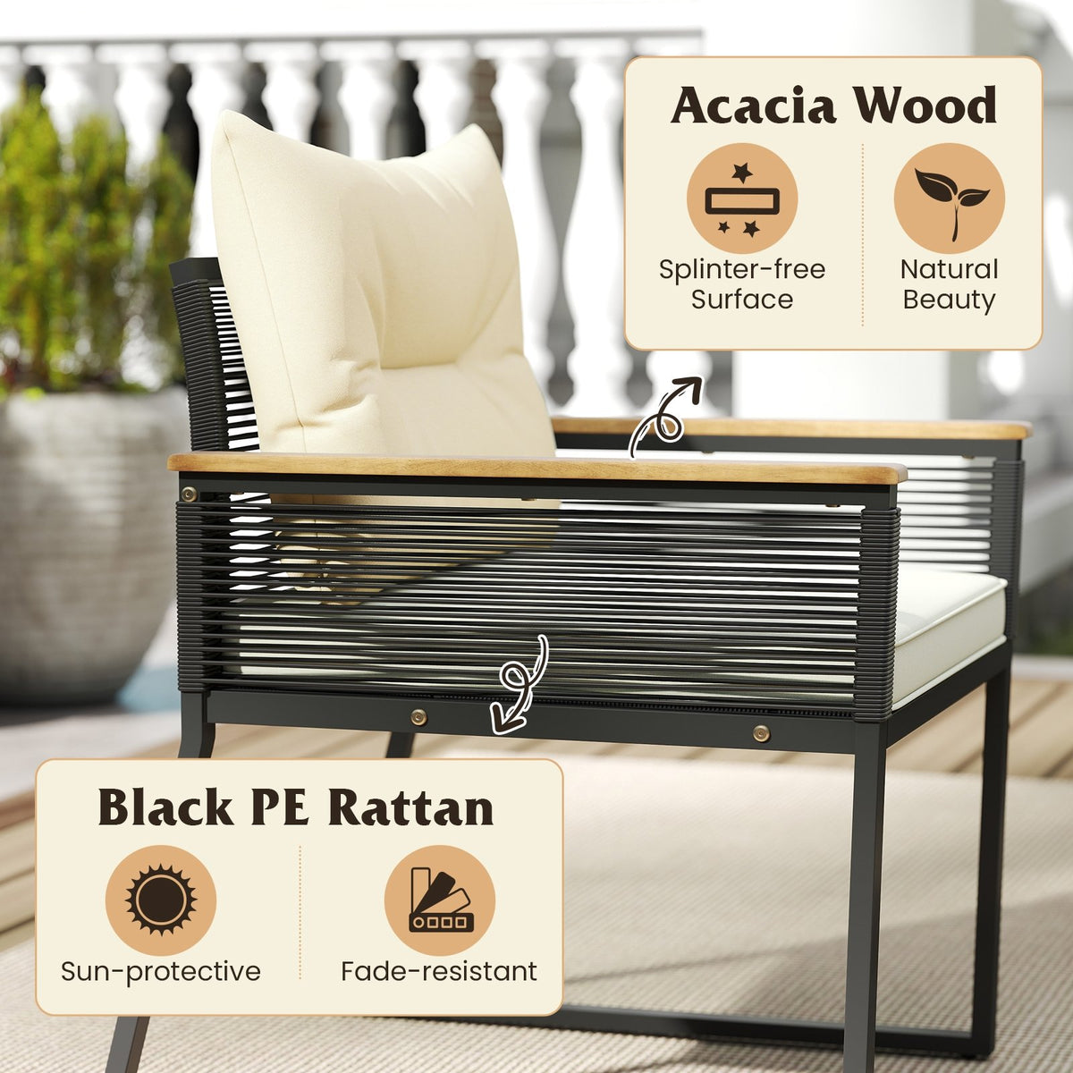 4 Pieces Patio Furniture Set Outdoor Conversation Set with Tempered Glass Coffee Table-Black view 9