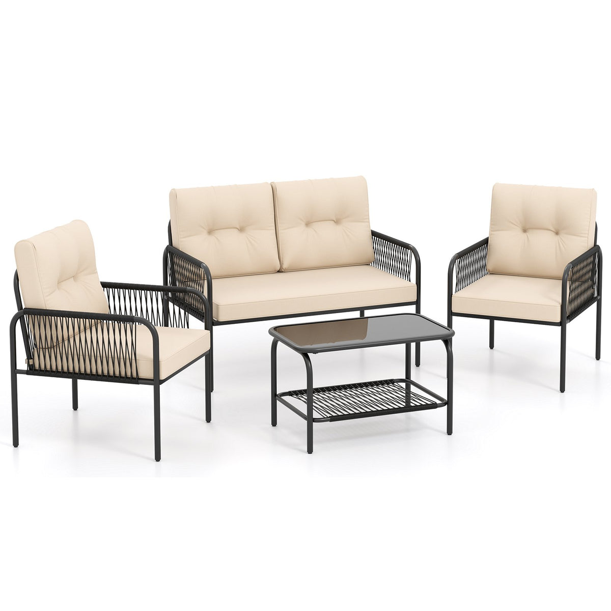 4 Pieces Patio Furniture Set PE Rattan Sofa Chairs with Loveseat-Beige view 4