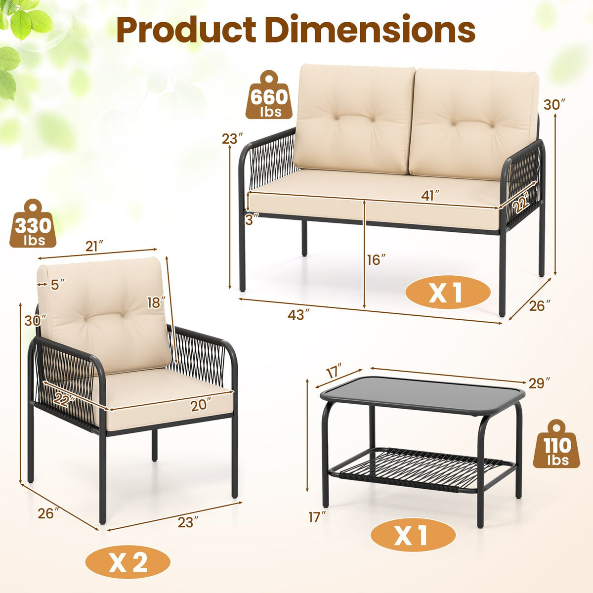 4 Pieces Patio Furniture Set PE Rattan Sofa Chairs with Loveseat-Beige view 5