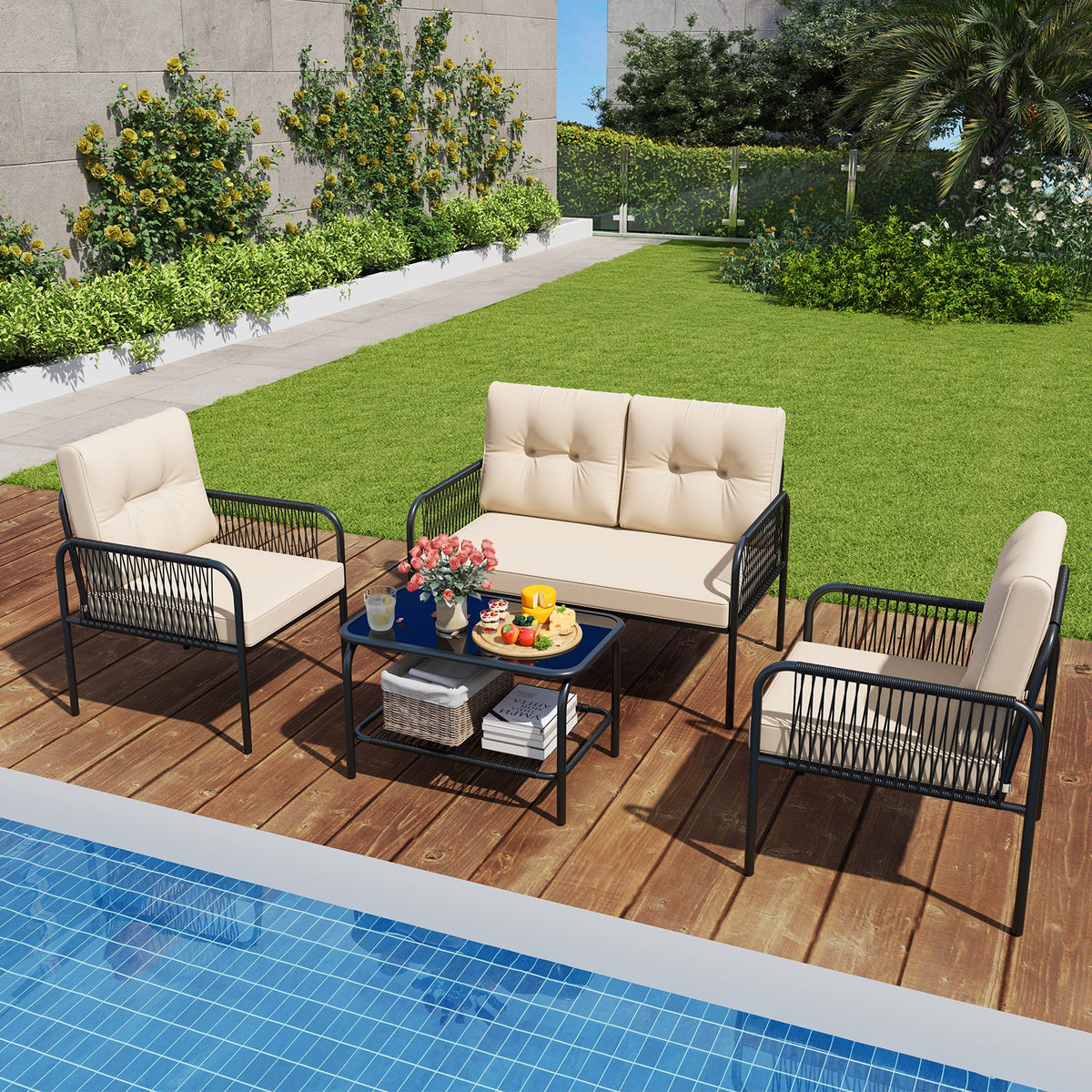4 Pieces Patio Furniture Set PE Rattan Sofa Chairs with Loveseat-Beige view 6