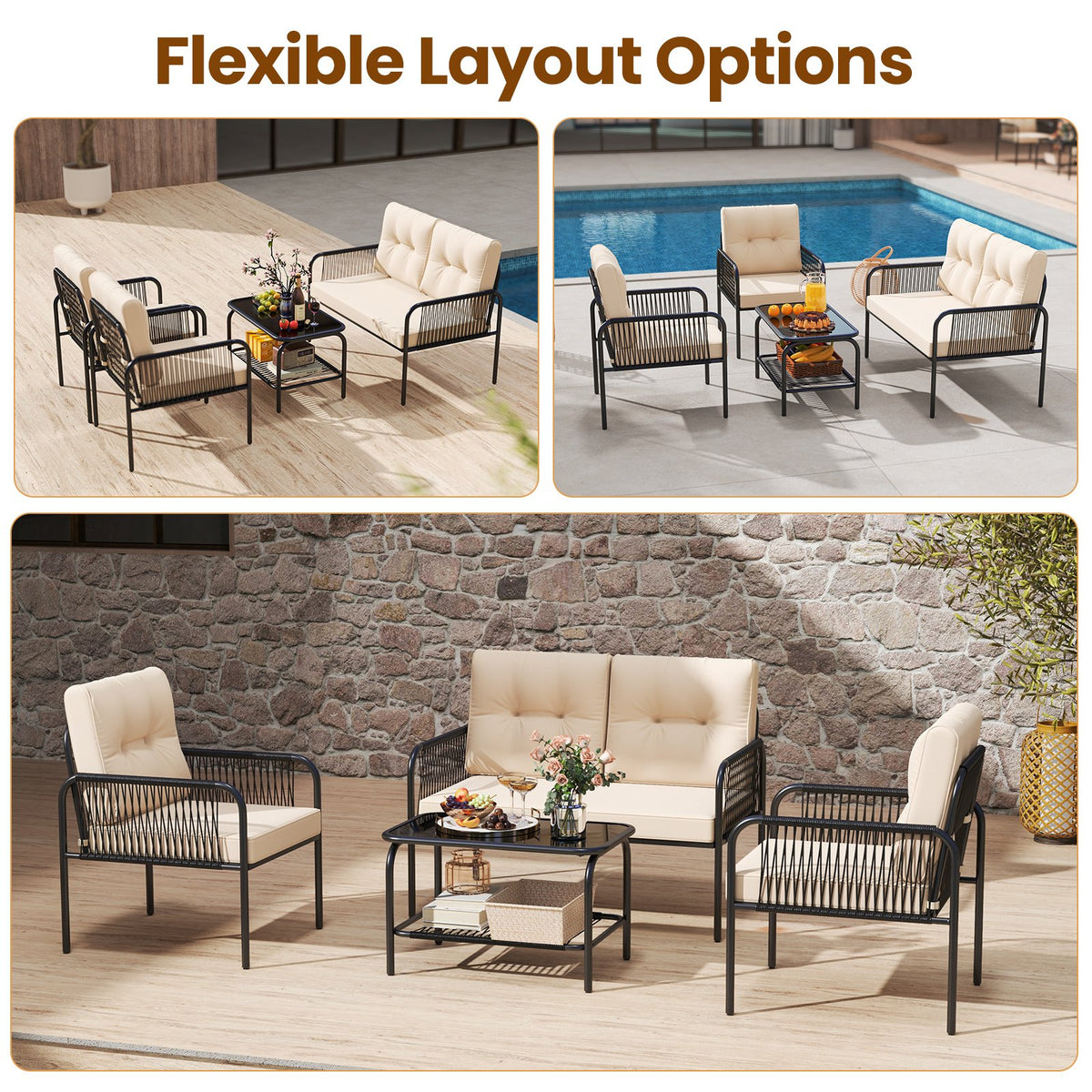 4 Pieces Patio Furniture Set PE Rattan Sofa Chairs with Loveseat-Beige view 7