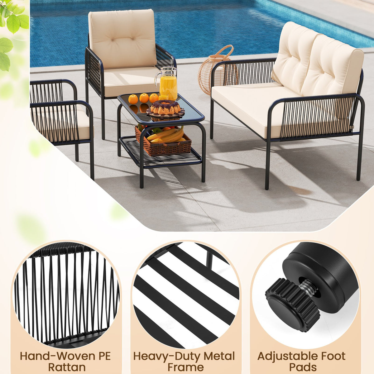 4 Pieces Patio Furniture Set PE Rattan Sofa Chairs with Loveseat-Beige view 9
