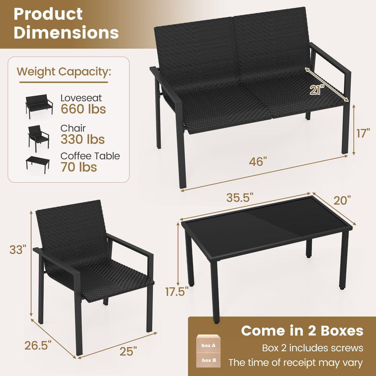 4 Pieces Patio Furniture Set with Heavy Duty Galvanized Metal Frame-Black view 5