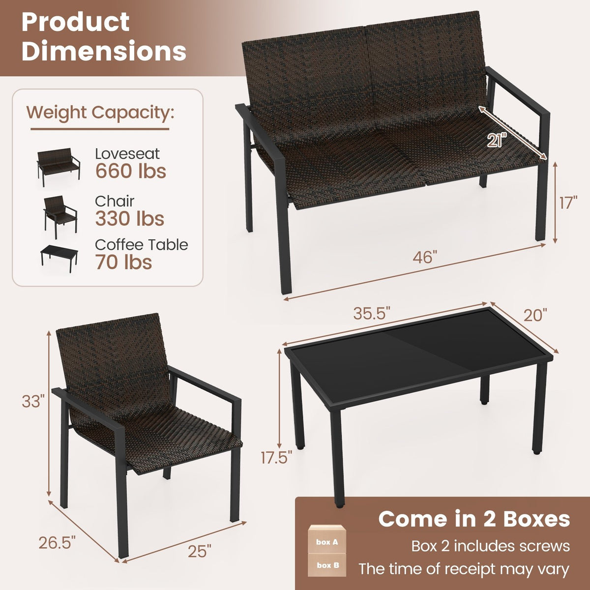 4 Pieces Patio Furniture Set with Heavy Duty Galvanized Metal Frame-Brown view 5