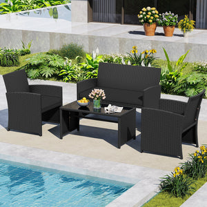 4 Pieces Patio Furniture Set with Tempered Glass Tabletop and Removable Cushion-Black view 2