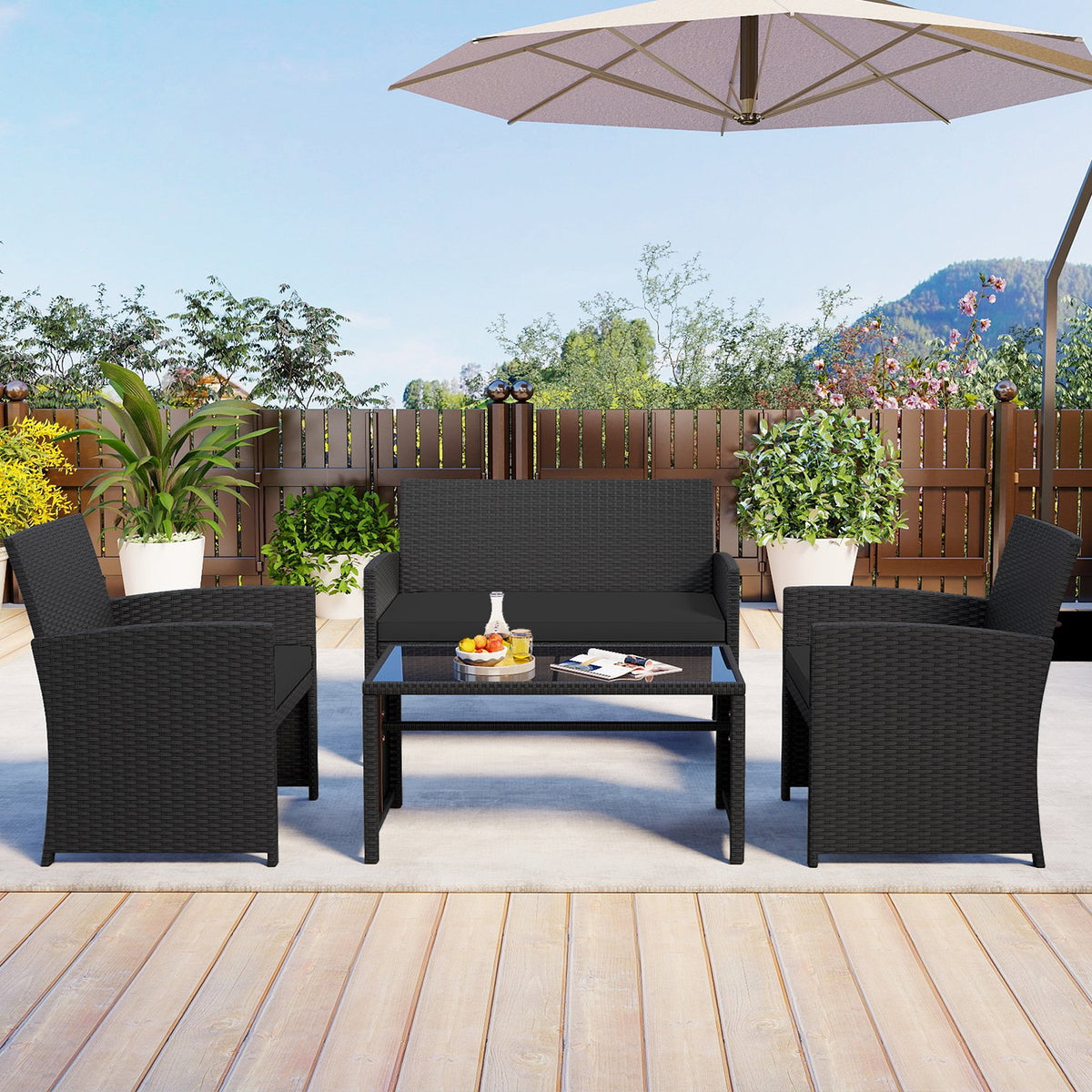 4 Pieces Patio Furniture Set with Tempered Glass Tabletop and Removable Cushion-Black view 3