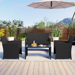 4 Pieces Patio Furniture Set with Tempered Glass Tabletop and Removable Cushion-Black view 3