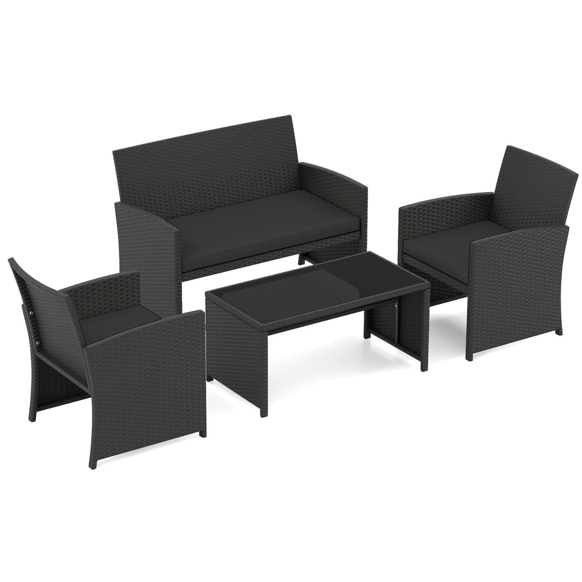 4 Pieces Patio Furniture Set with Tempered Glass Tabletop and Removable Cushion-Black view 4