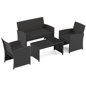 4 Pieces Patio Furniture Set with Tempered Glass Tabletop and Removable Cushion-Black view 4